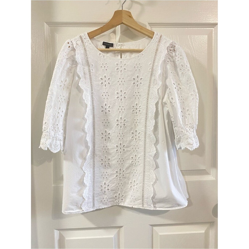 Talbots Eyelet Lace White Blouse Puff Sleeves Cotton LG Preppy Cottage Feminine